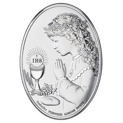Obrazek Srebrny Pamiątka I Komunii dla dziewczynki owal z podpisem DS05A